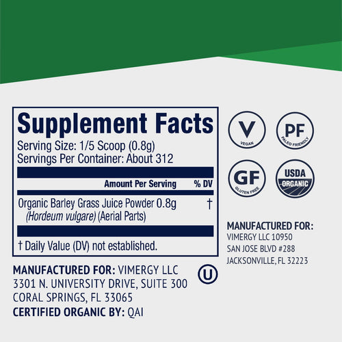 Organic Barley Grass Juice Vimergy Supplement Facts Vitamins