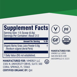 Organic Barley Grass Juice Vimergy Supplement Facts Vitamins 